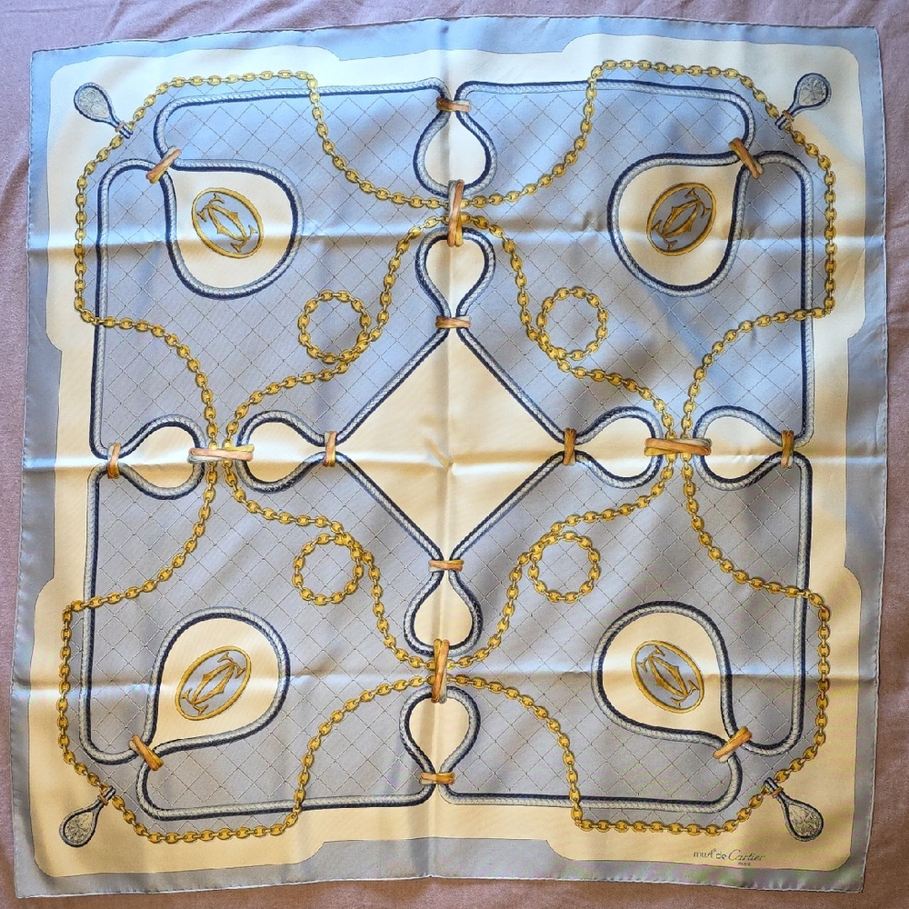 Cartier Silk Scarf with Gold and Blue Accents